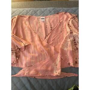 Fan Ruffled Short Sleeved Cross Over TieDye Tied Crop Top Natural Casual